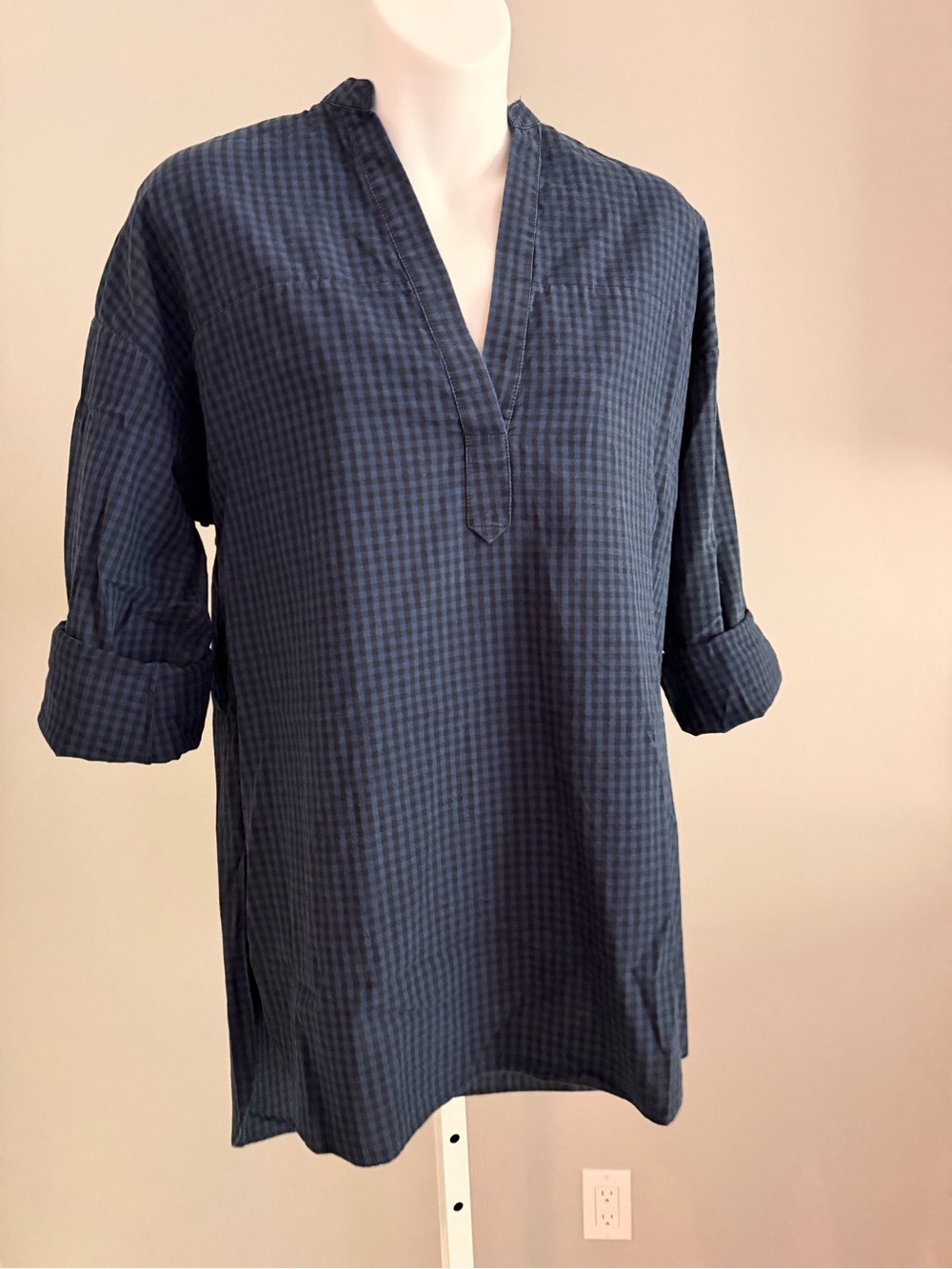 RAG & BONE Oversized Navy & Black Checked V-Neck Tunic Shirt Sz S $325